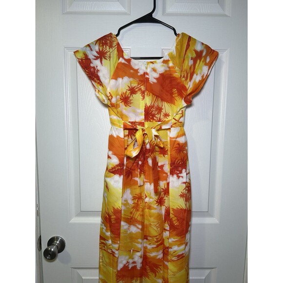 Vintage Sears Hawaiian Fashions Empire Waist Palm Tree Maxi Orange/Yellow SZ 14 - Picture 5 of 6
